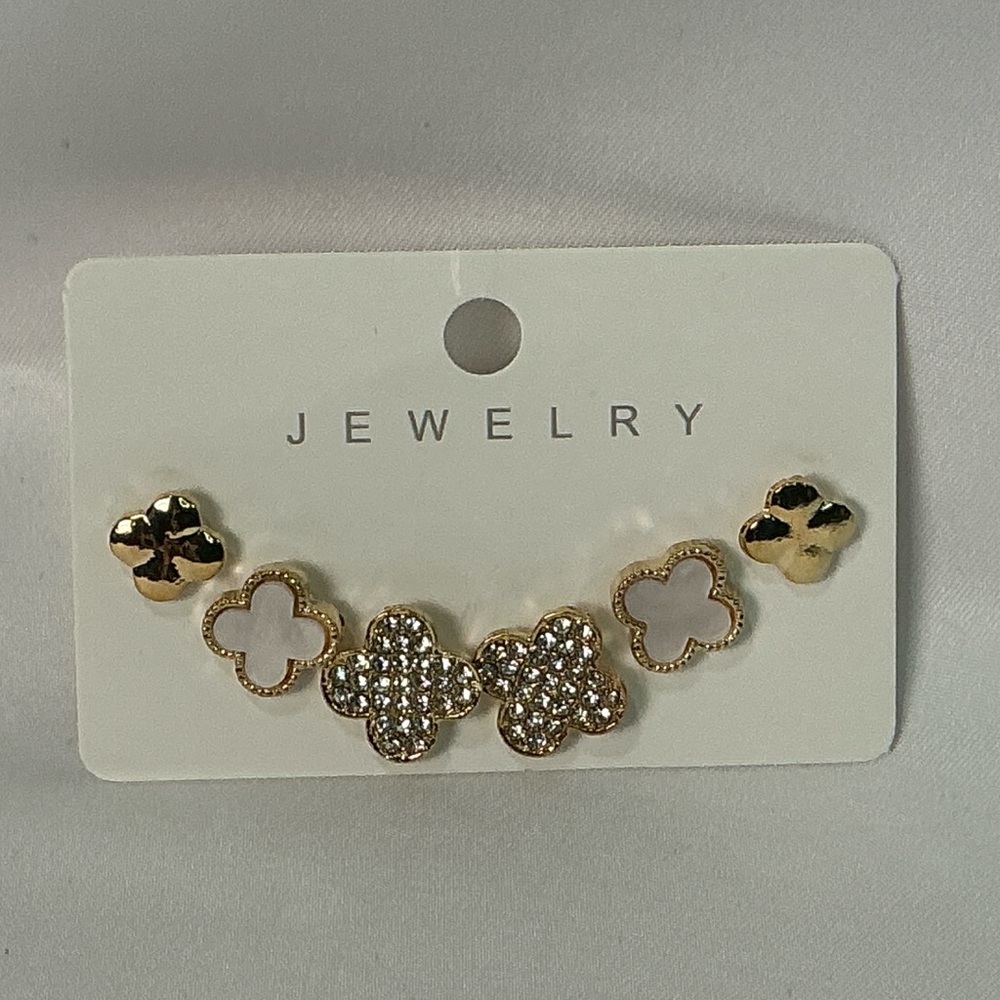 3 pr Fashion Stud Earrings 
Quatrefoil Motif Clover 
Goldtone White Enamel 
Pave